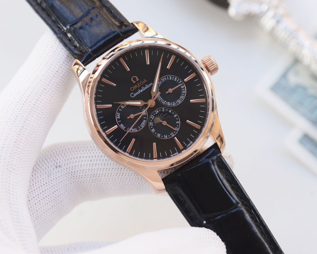 Omega Rose Gold Black Dial Leather Strap Watch — hero