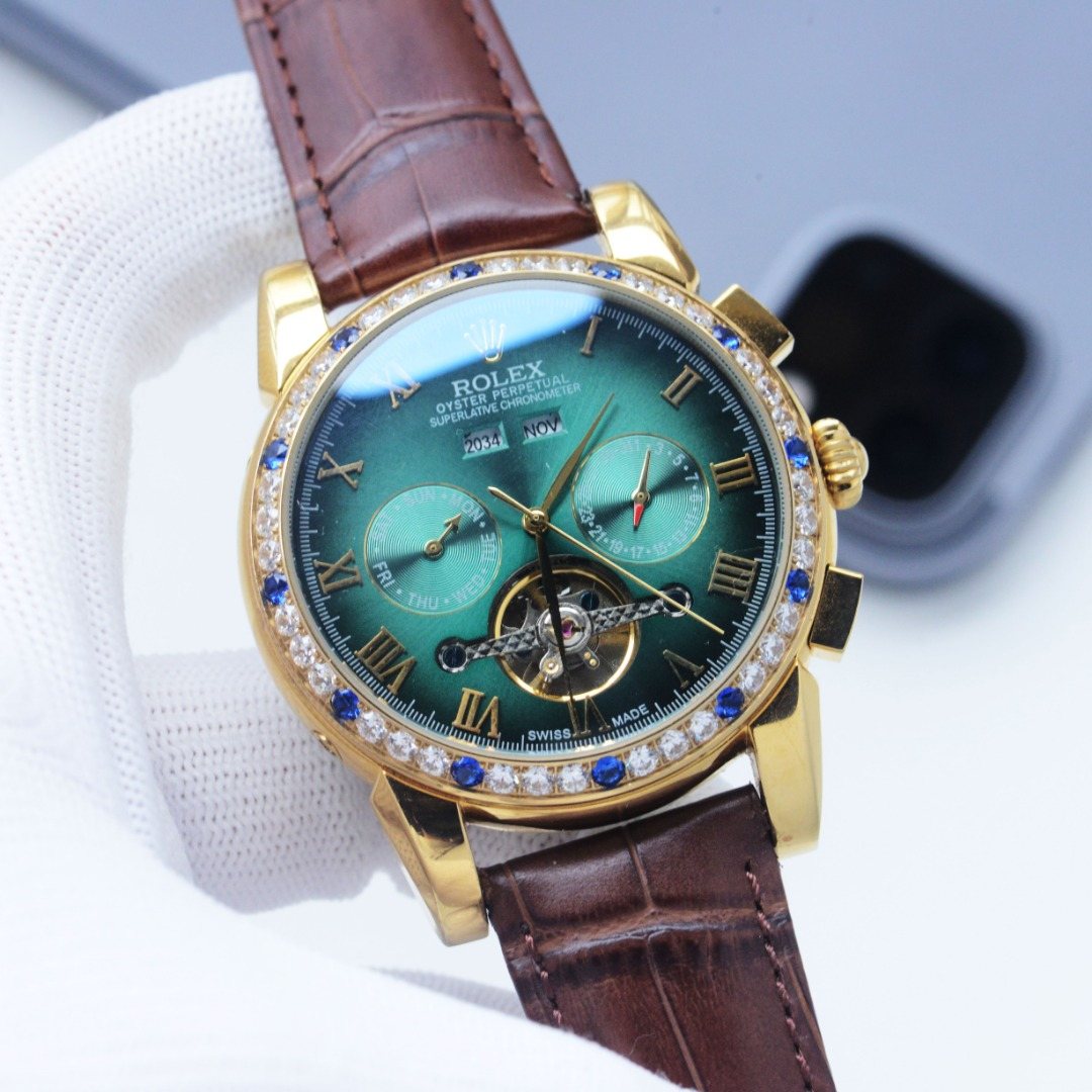 Rolex Gold Brown Green Dial Strap Watch — hero