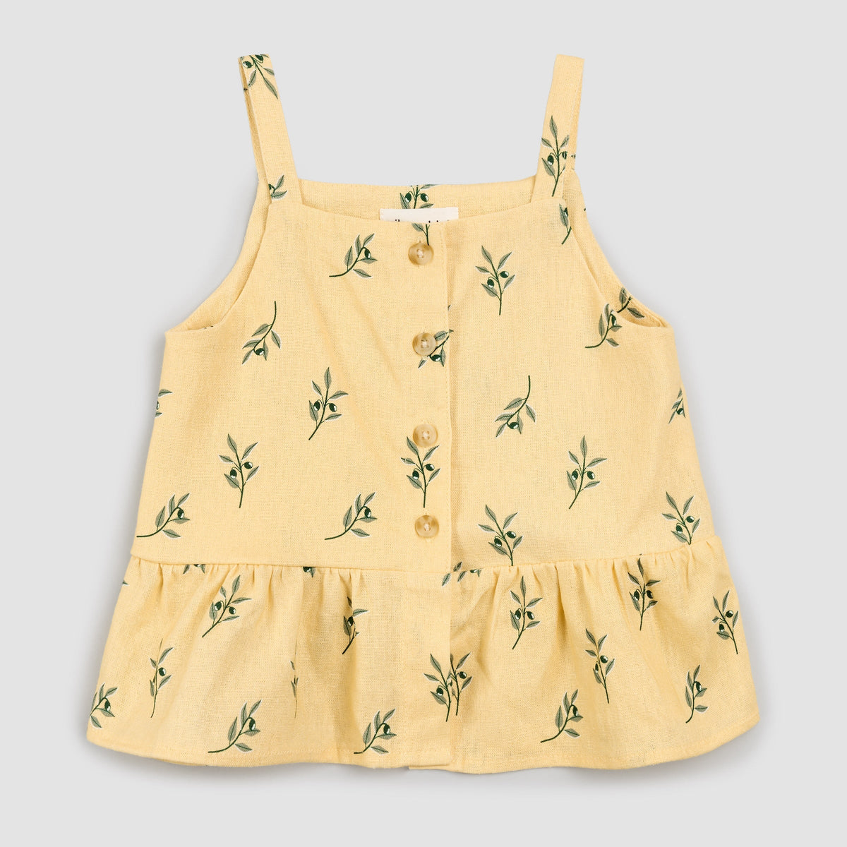 Olive Branch Print on Sahara Sun Button-Up Linen Peplum Top