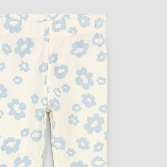 Blue Daisy Print on Off White Leggings