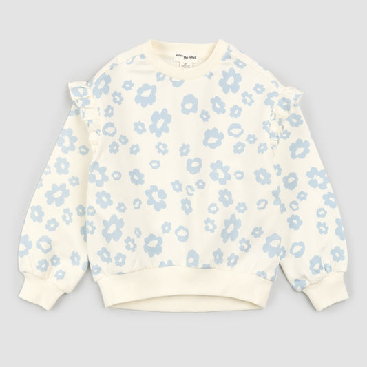 Blue Daisy Print on Off White Sweatshirt