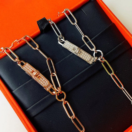Hermes Kelly Belt Diamonds Silver and Pink Gold Necklace