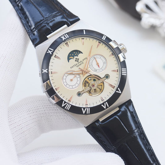 Patek Philippe Black Silver Leather Strap Watch — hero