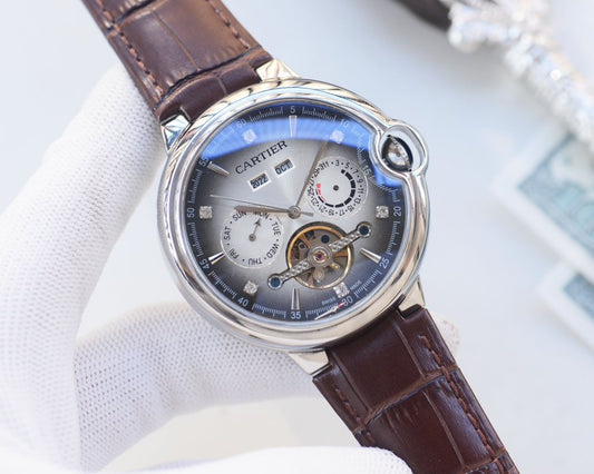 Cartier Silver Brown White Dial Leather Strap Watch — hero