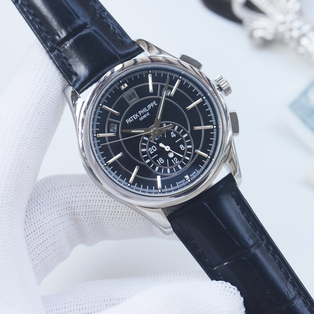 Patek Philippe Black Silver White Dial Strap Watch — hero