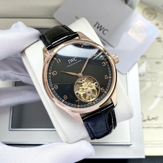 IWC Rose Gold Black Dial Strap Watch — hero