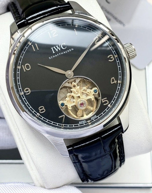 IWC Silver Black Dial Strap Watch — hero