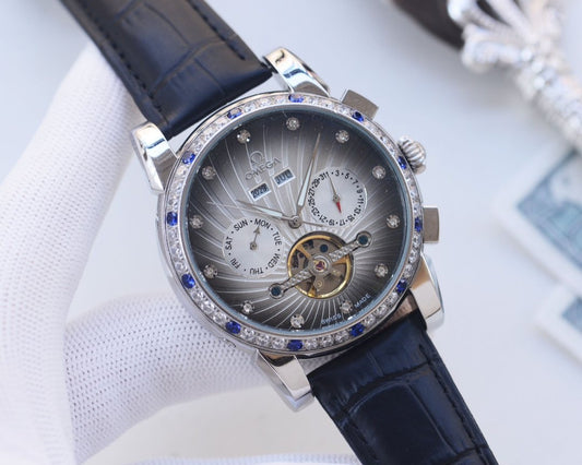 Omega Silver Black Blue Dial Strap Watch — hero
