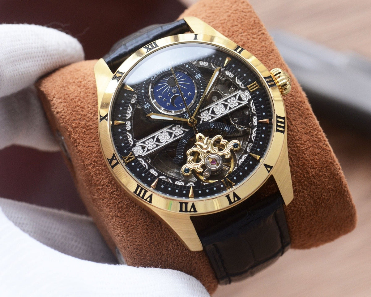 Cartier Gold Black Dial Leather Strap Watch — front