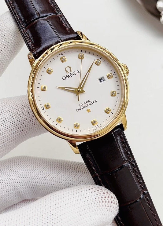 Omega White Dial Brown Strap Watch — hero