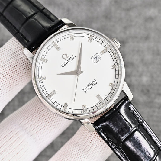 Omega Silver Black White Dial Strap Watch — hero