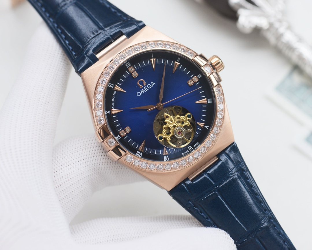 OMEGA Rose Gold Blue Dial Strap Watch — hero