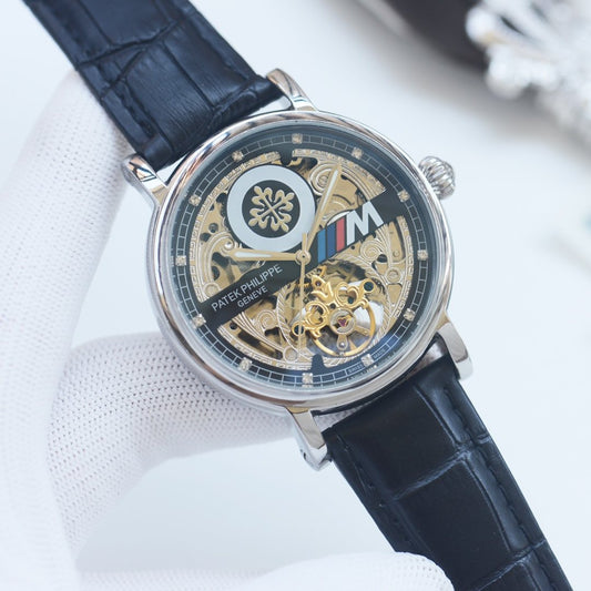 Patek Philippe Silver Black Strap Watch — hero