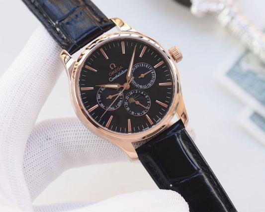 Omega Rose Gold Black Dial Leather Strap Watch — hero