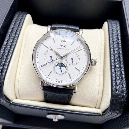 IWC Silver Black White Dial Leather Strap Watch — hero
