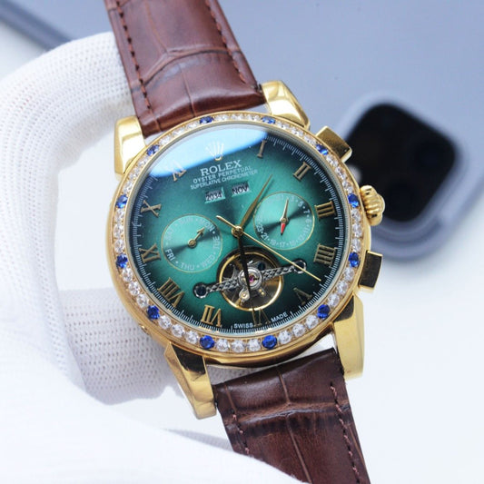 Rolex Gold Brown Green Dial Strap Watch — hero