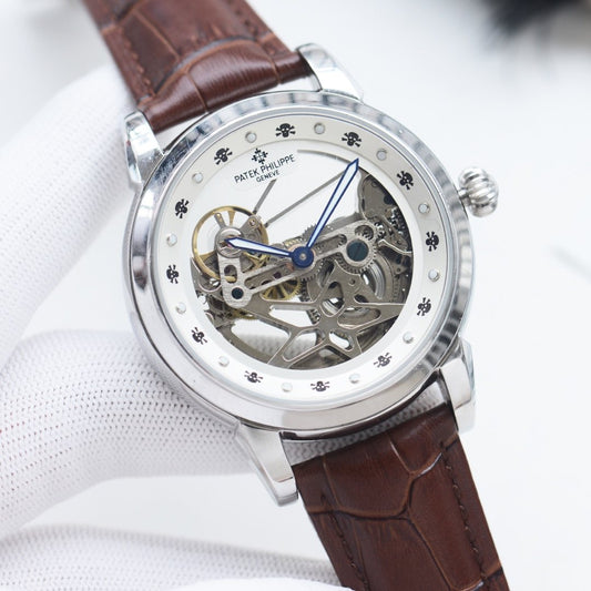Patek Philippe Silver Brown Leather Strap Watch — hero