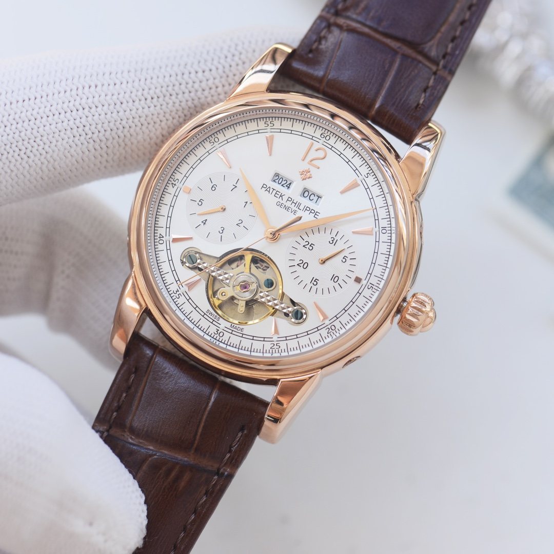 Patek Philippe Rose Gold Brown White Dial Strap Watch — front