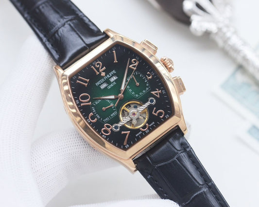 Patek Philippe Rose Gold Black Green Dial Strap Watch — hero