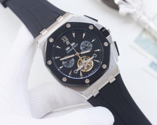 Audemars Piguet Silver Black Dial Strap Watch — hero